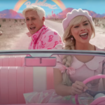 Screen capture from the movie Barbie. Features Barbie and Ken in a pink convertible car driving away from Barbieland and toward the viewer. Barbie is driving and Ken is in the back seat.